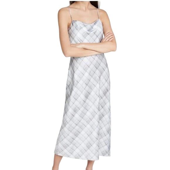 Vince Hazy Plaid Cowl Neck Satin Grey Maxi Slip Dress - Picture 1 of 10